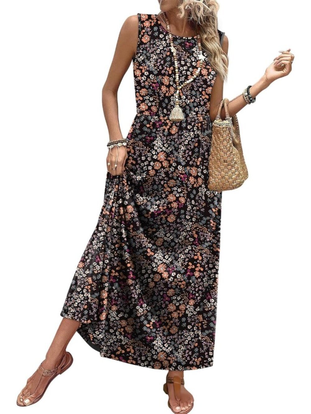 Women Colorful Flowers Pull On A Line Sleeveless Sundresses Pockets Maxi Dresses